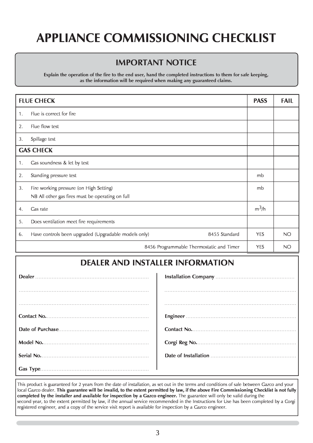 Stovax PR0741 Appliance Commissioning Checklist, IMPORTaNT NOTICE, Dealer And Installer Information, Flue Check, Pass 